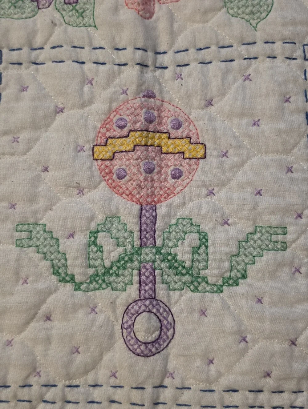 2009 Completed Bucilla Plaid Babies Are Precious Cross Stitch Baby Blanket
